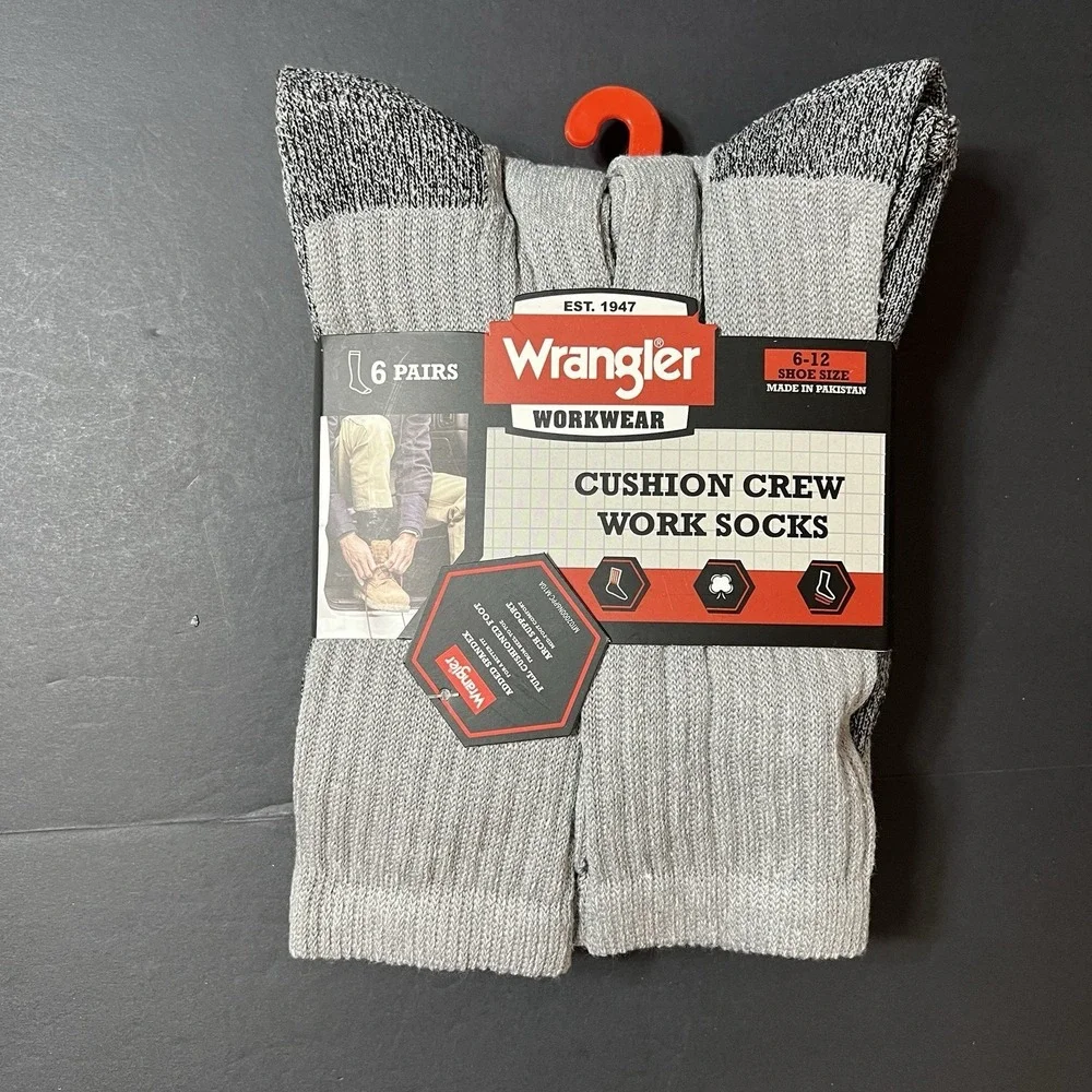 Wrangler Mens Cushion Crew Size 6-12 Grey Work Sock 6 Pair Steel Toe New